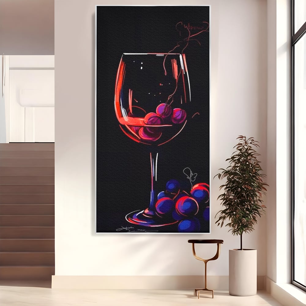 Tablou canvas cu tablou canvas cu pahar de vin si struguri, in rama de aluminiu argintiu